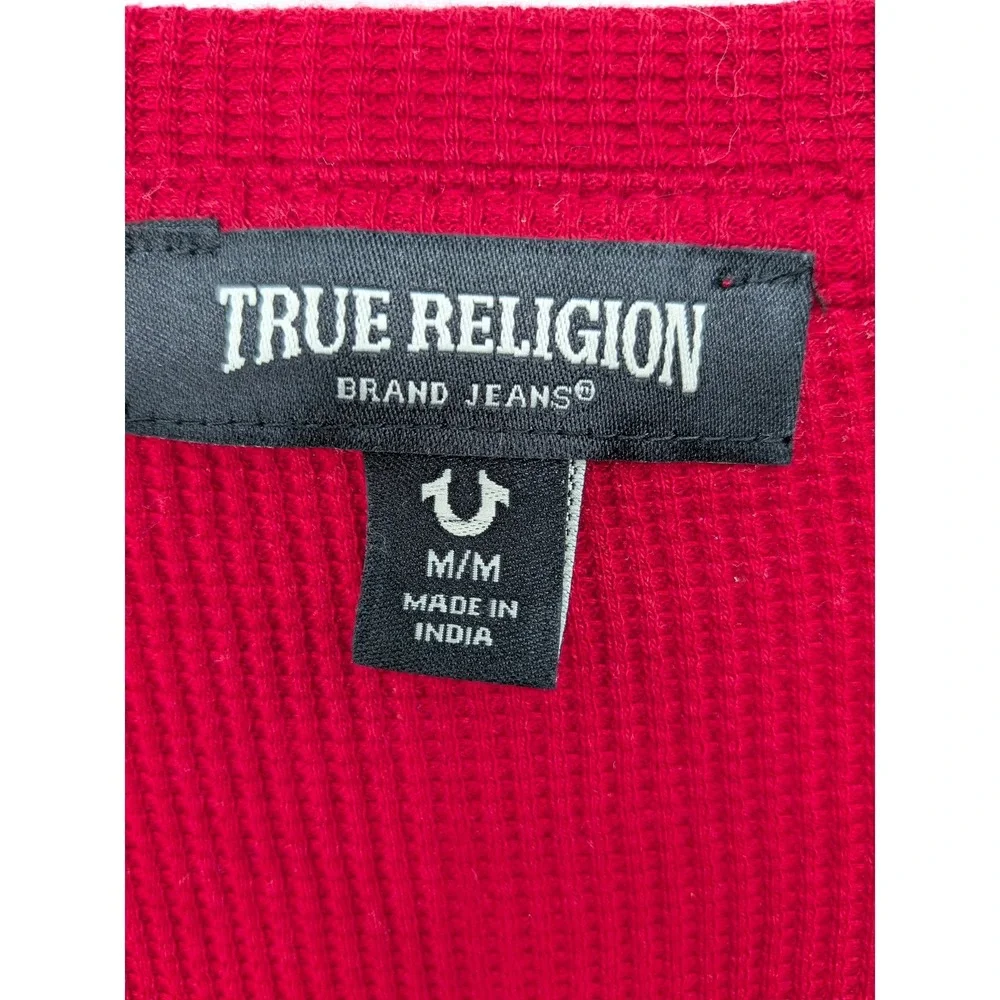 True Religion Henley Mens Medium Red Waffle Knit Thermal Graphic Long Sleeve Y2K